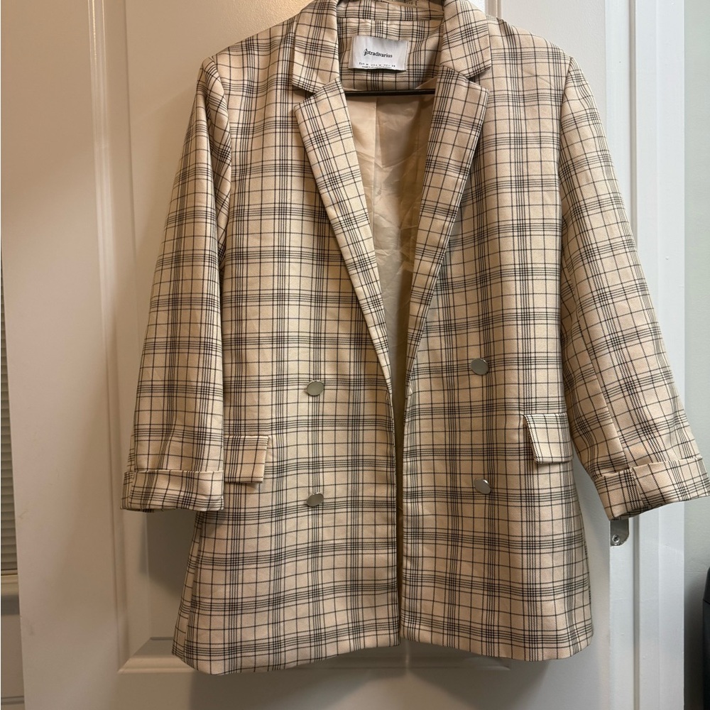 Stradivarius Beige and brown Plaid Blazer